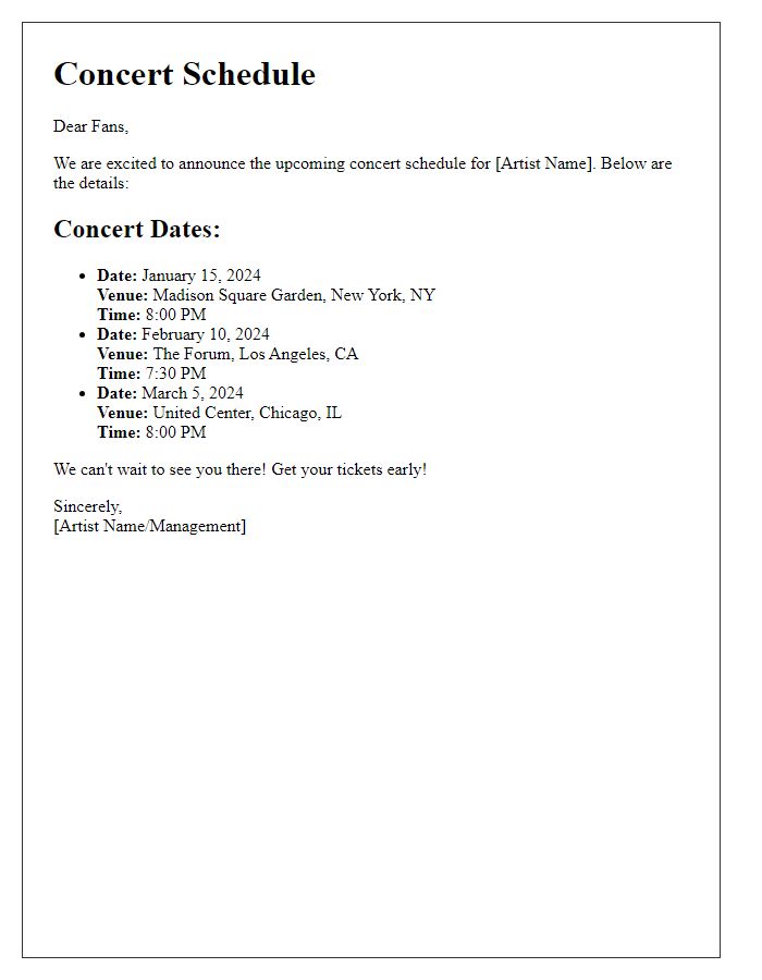 Letter template of artist concert schedule