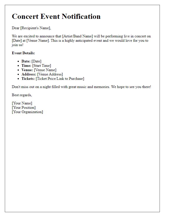 Letter template of concert event notification