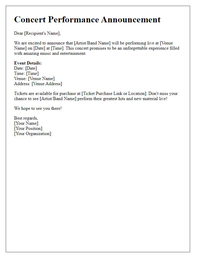 Letter template of concert performance announcement