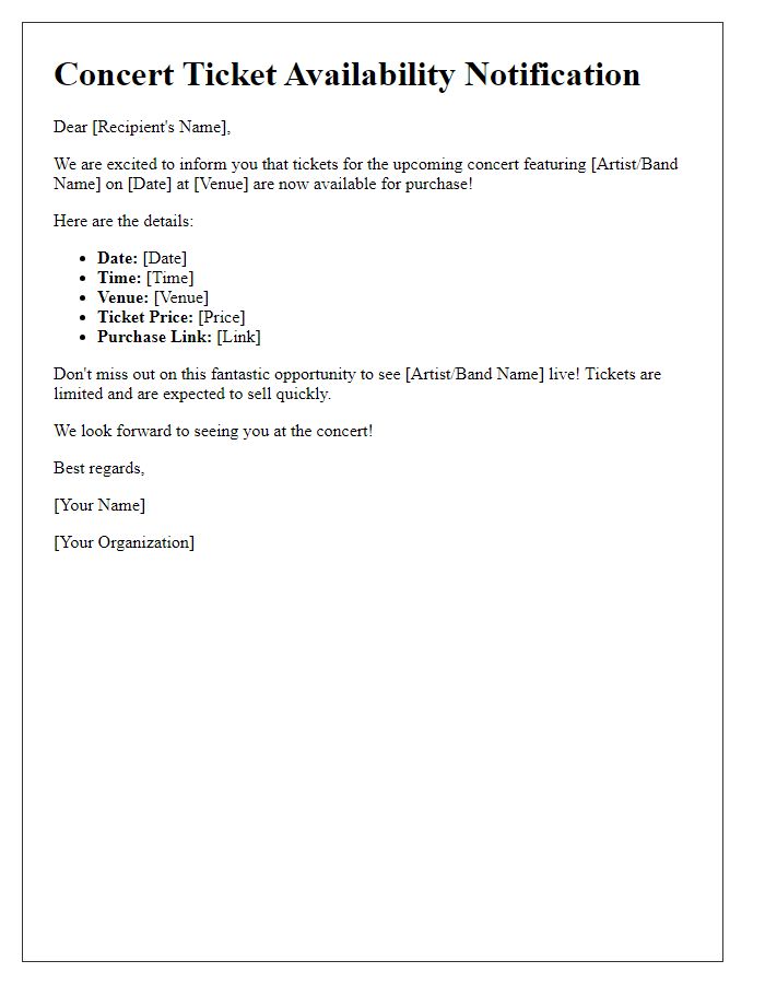 Letter template of concert ticket availability