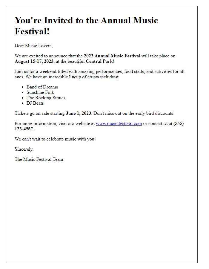 Letter template of music festival announcement