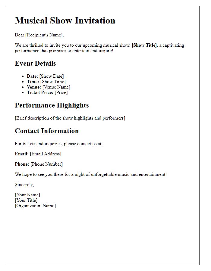 Letter template of musical show details