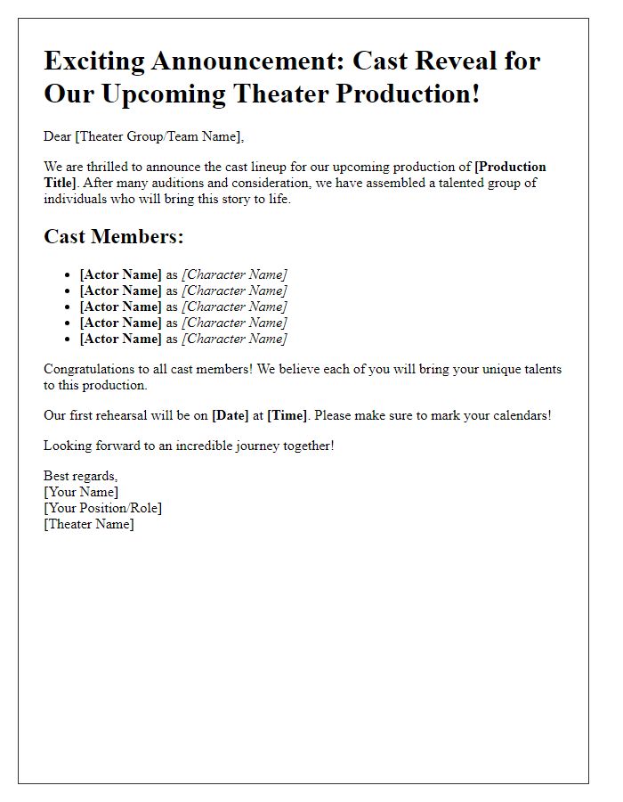 Letter template of theater production cast reveal