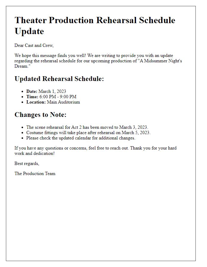 Letter template of theater production rehearsal schedule update