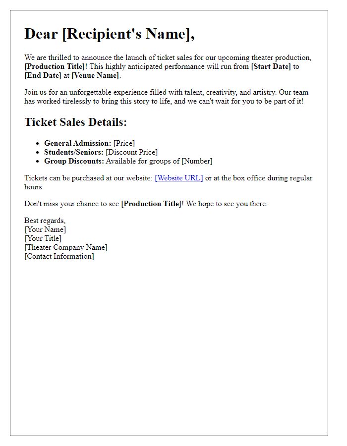 Letter template of theater production ticket sales launch