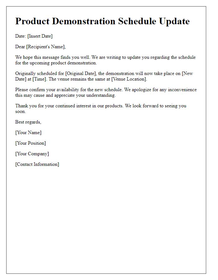 Letter template of Product Demonstration Schedule Update