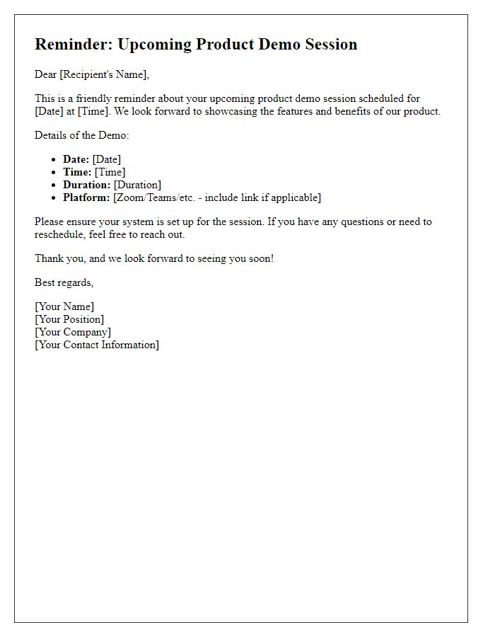 Letter template of Reminder for Product Demo Session