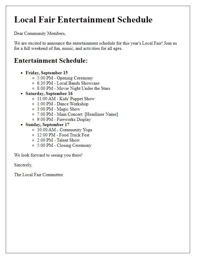 Letter template of Local Fair Entertainment Schedule