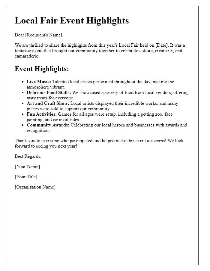 Letter template of Local Fair Event Highlights