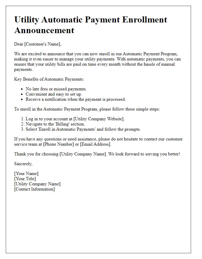 Letter template of Utility Automatic Payment Enrollment Announcement