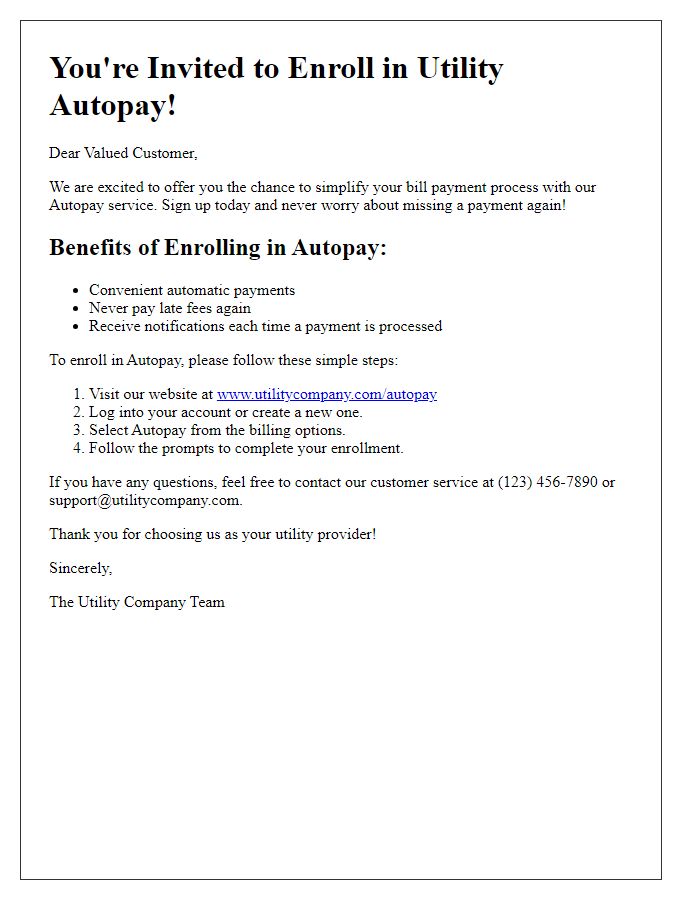 Letter template of Utility Autopay Enrollment Invitation