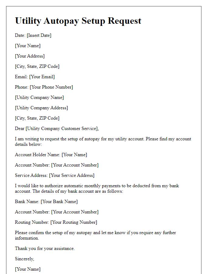 Letter template of Utility Autopay Setup Request