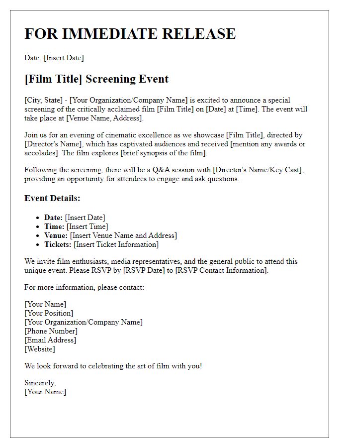 Letter template of press release for a film screening event.