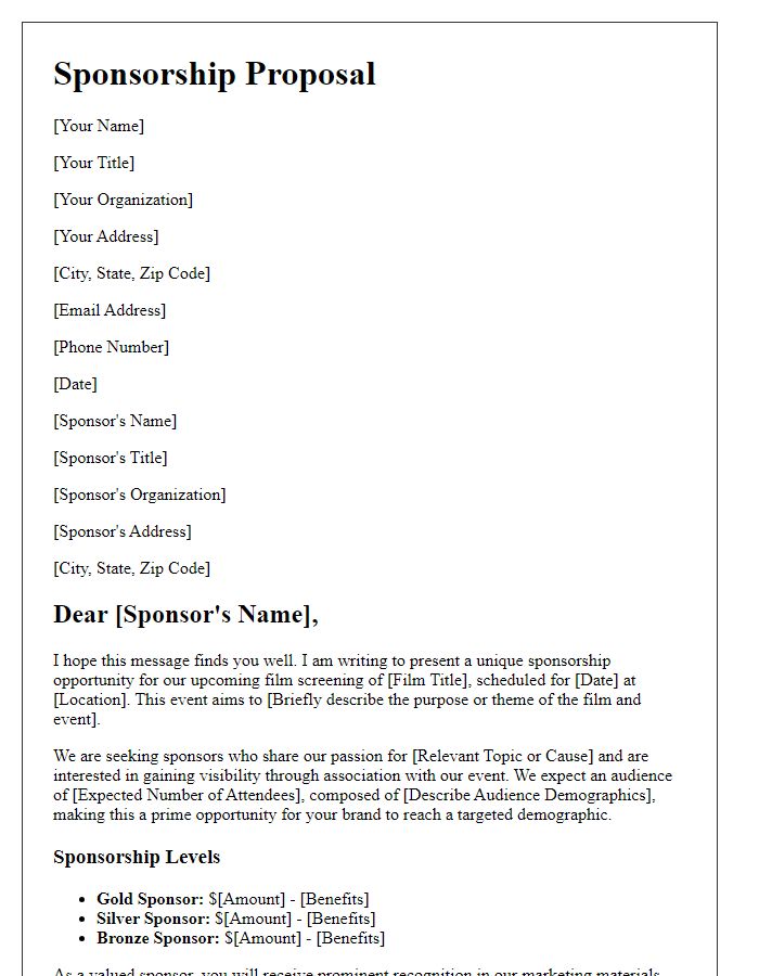 Letter template of sponsorship proposal for a film screening.