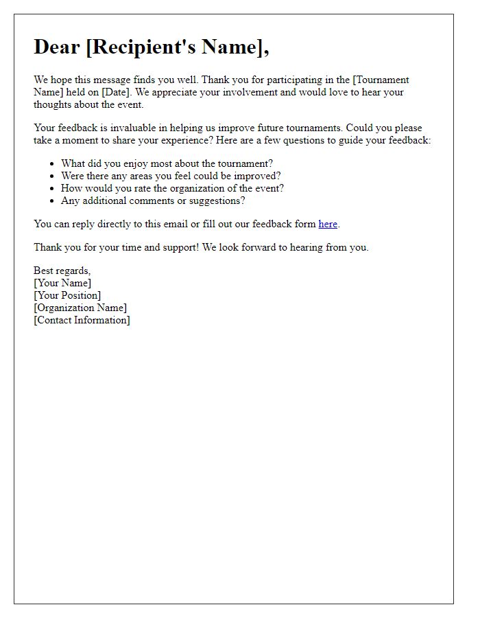 Letter template of sports tournament feedback request.