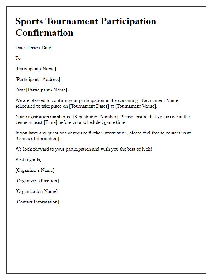 Letter template of sports tournament participation confirmation.