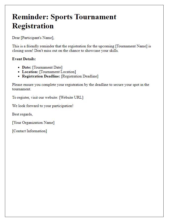 Letter template of sports tournament registration reminder.