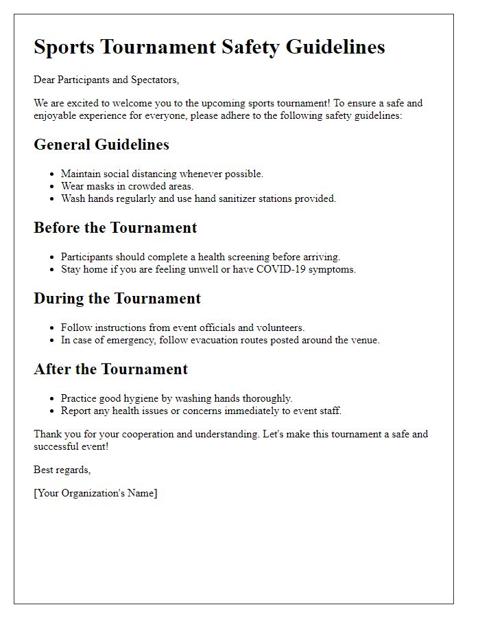 Letter template of sports tournament safety guidelines.