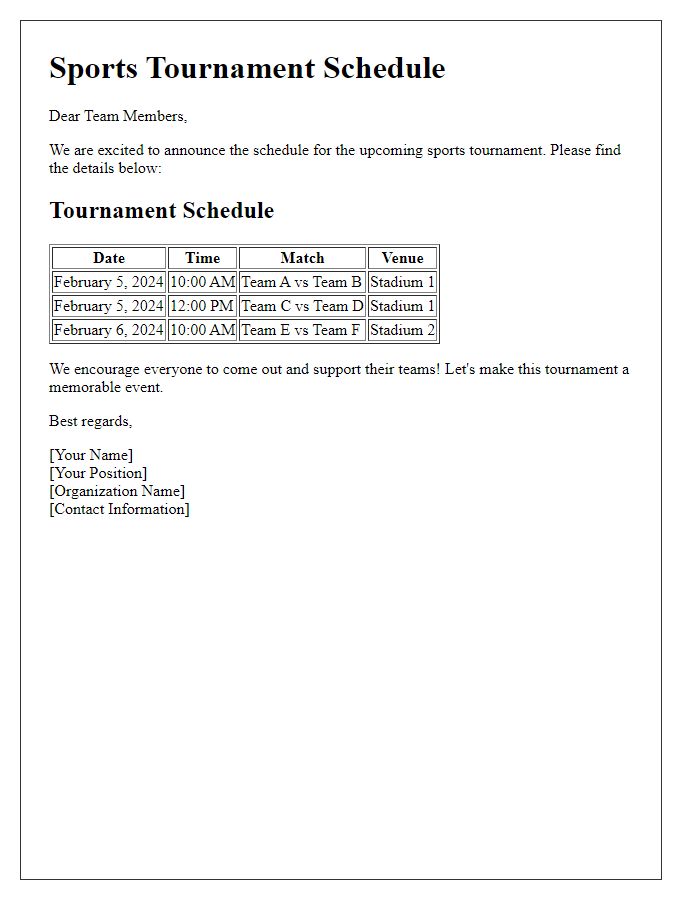 Letter template of sports tournament schedule distribution.