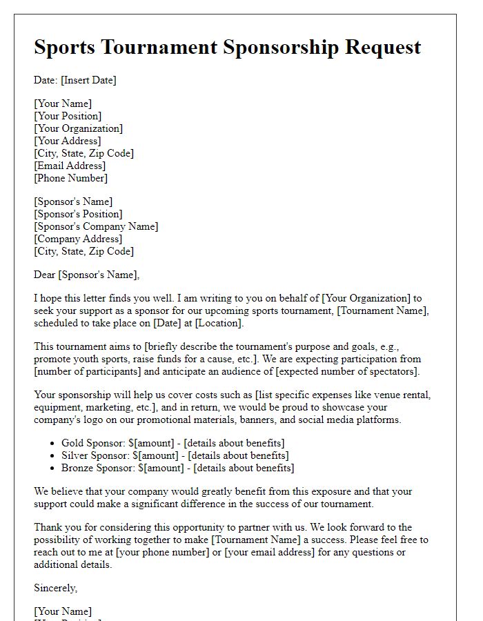 Letter template of sports tournament sponsorship request.