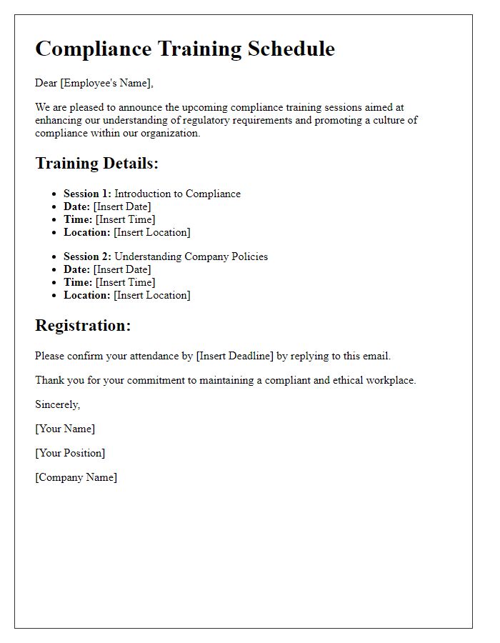 Letter template of compliance training schedule