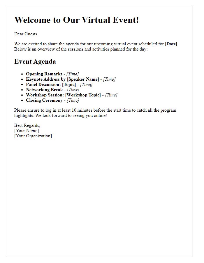 Letter template of virtual event agenda overview for guests