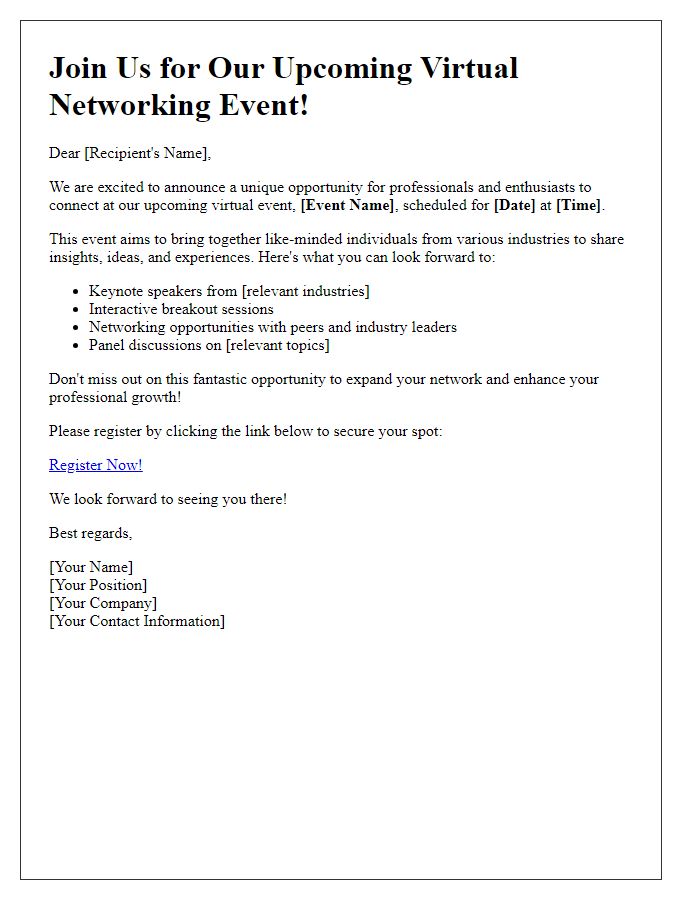 Letter template of virtual event networking opportunities announcement