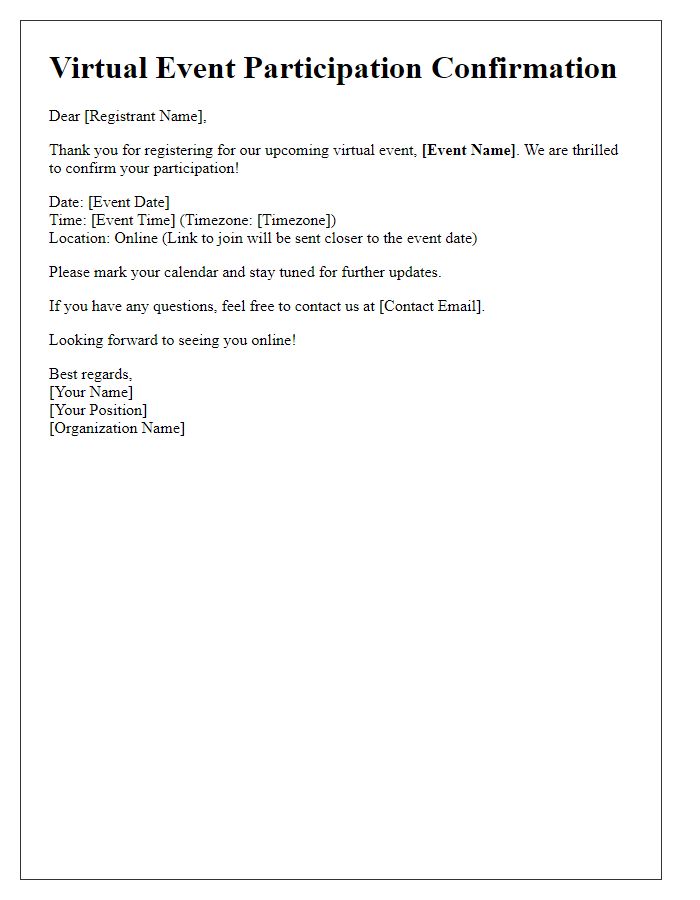 Letter template of virtual event participation confirmation for registrants