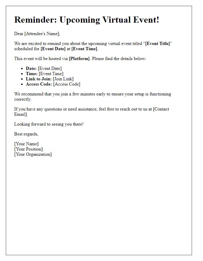 Letter template of virtual event registration reminder for attendees