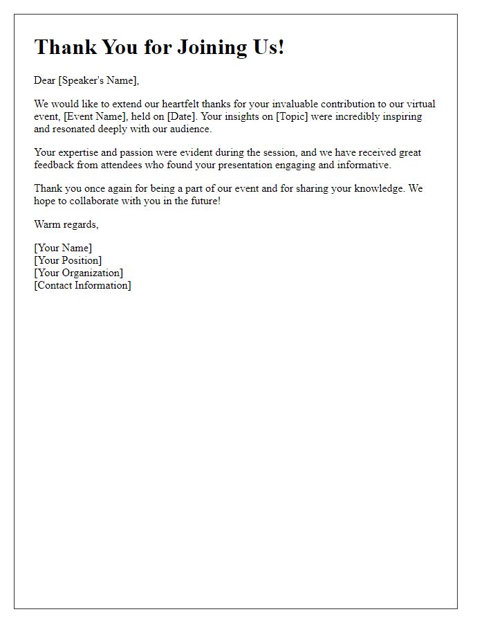 Letter template of virtual event thank you note to speakers