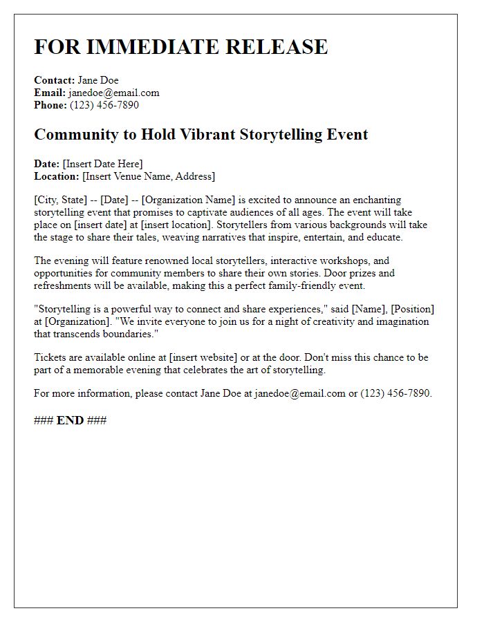 Letter template of storytelling event press release