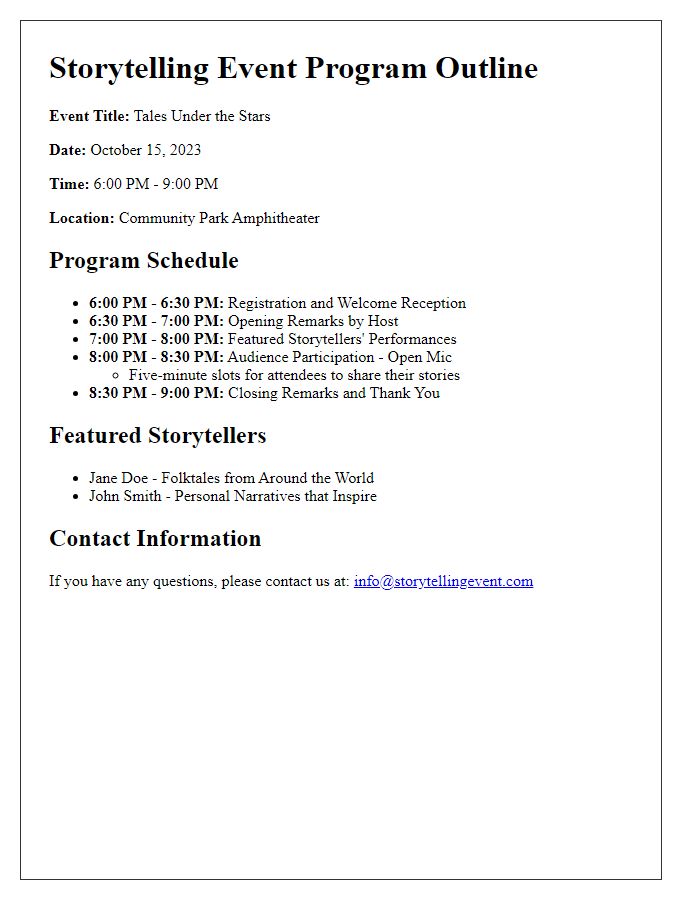 Letter template of storytelling event program outline