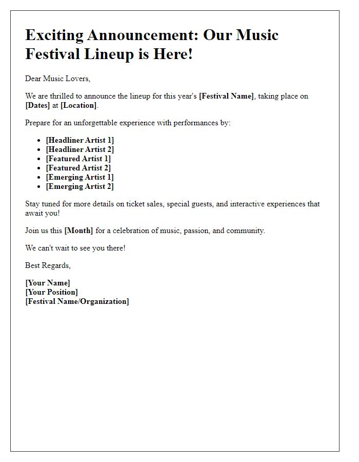 Letter template of music festival lineup reveal