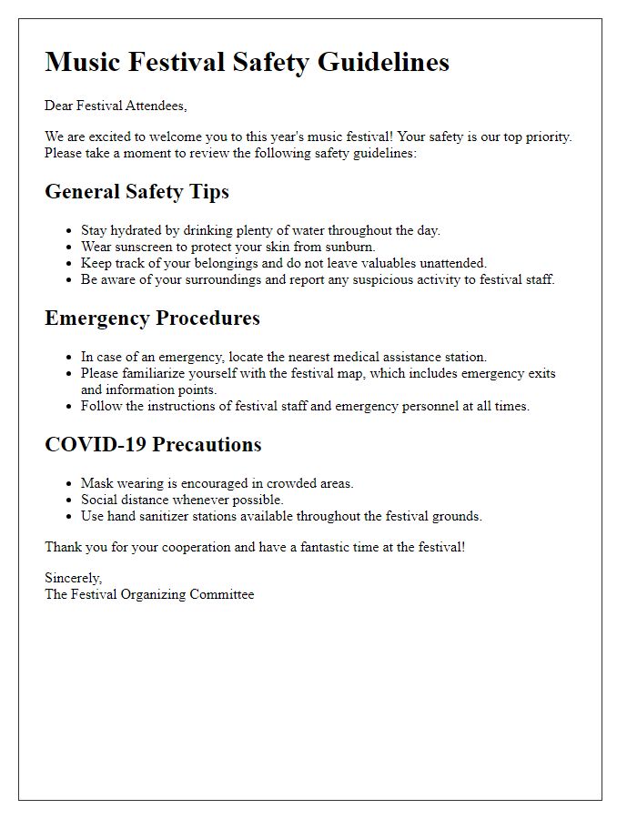 Letter template of music festival safety guidelines