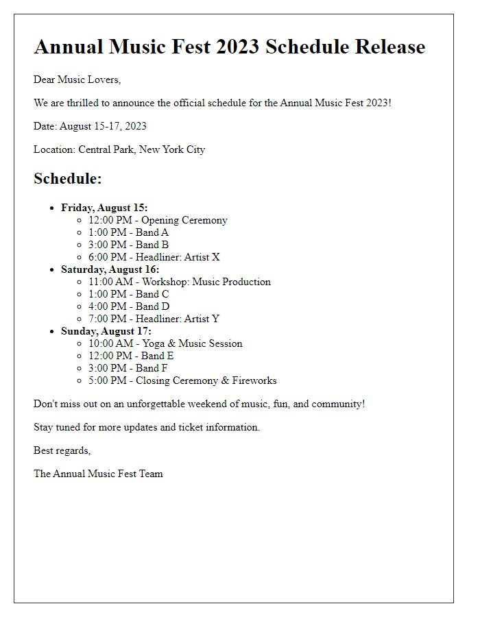 Letter template of music festival schedule release