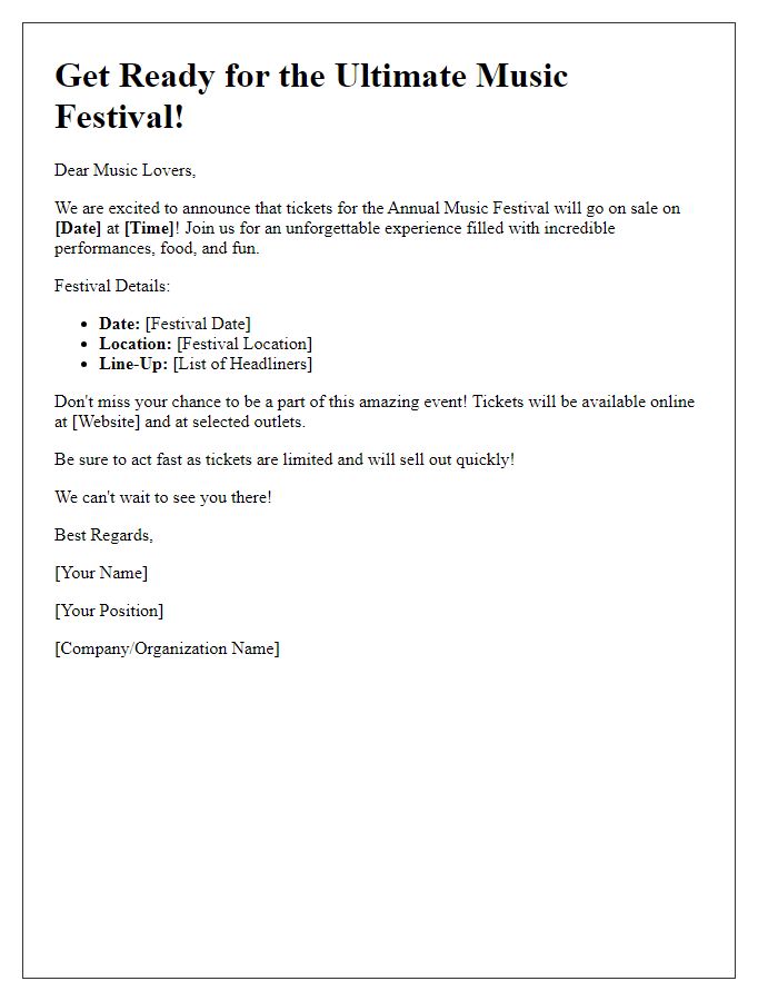 Letter template of music festival ticket sales opening