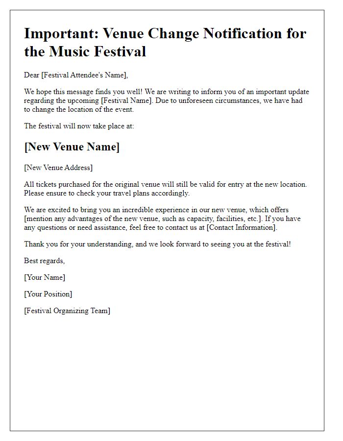 Letter template of music festival venue change notification