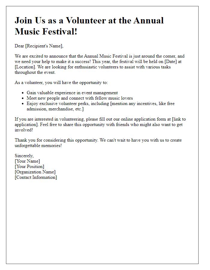 Letter template of music festival volunteer recruitment