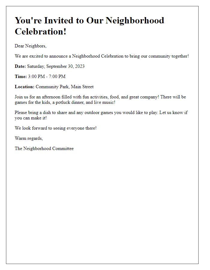 Letter template of neighborhood celebration announcement