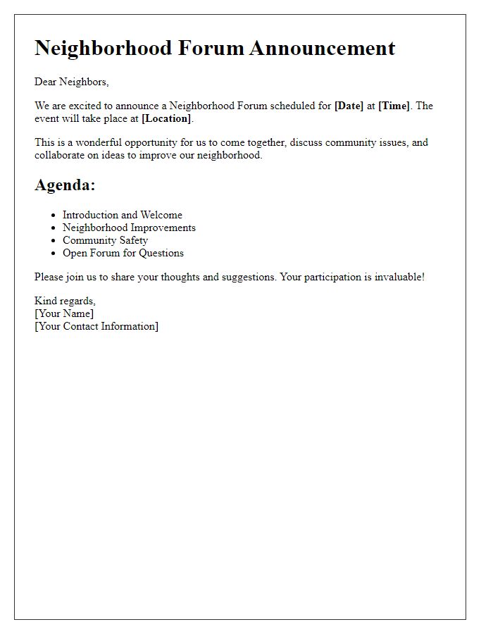 Letter template of neighborhood forum announcement