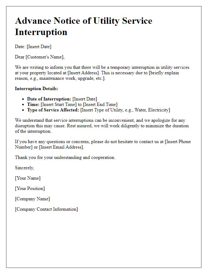 Letter template of Advance Notice for Utility Service Interruption