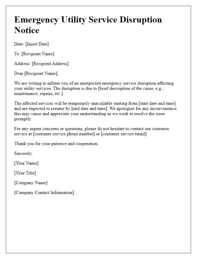 Letter template of Emergency Utility Service Disruption Notice