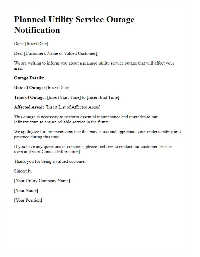 Letter template of Planned Utility Service Outage Communication