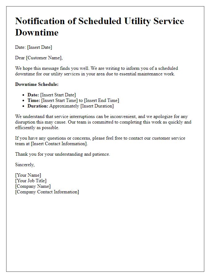 Letter template of Scheduled Utility Service Downtime