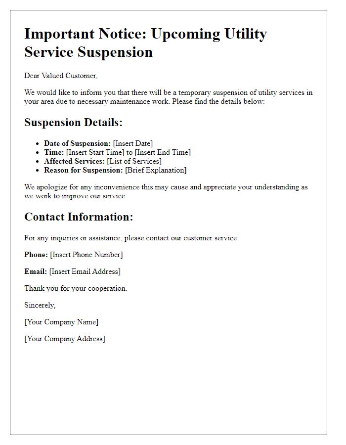 Letter template of Upcoming Utility Service Suspension Details