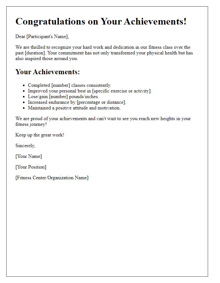 Letter template of fitness class participant achievements