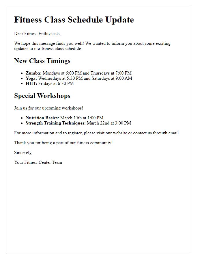 Letter template of fitness class schedule updates