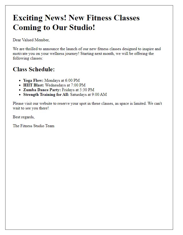 Letter template of new fitness class offerings