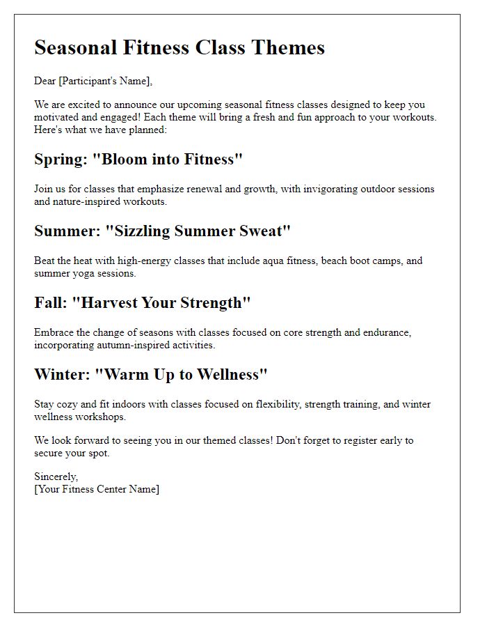 Letter template of seasonal fitness class themes