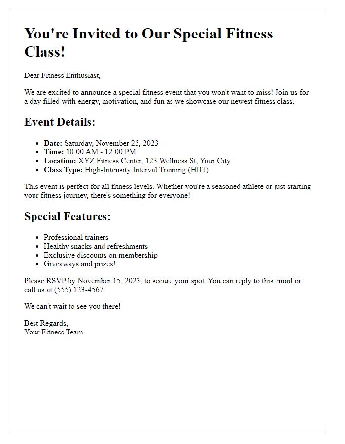 Letter template of special fitness class events